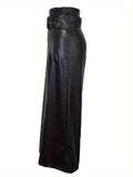 Elegant Wide-Leg PU Leather Pants with Metal Belt - Non-Sheer, Solid Color, All-Season Fashion for Women