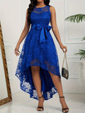 Elegant Sleeveless Lace A-line Dress, High Low Hem Tie Waist For Party & Banquet, Women's Clothing