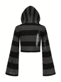 Y2K Ripped Flare Sleeve Punk Striped Distressed Hooded Sweater for Women's Spring & Fall Clothing