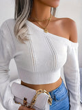 Purpdrank Elegant Off-Shoulder Knit Sweater - Women'S Solid Color Polyester Long Sleeve Skinny Fit Pullover for Fall/Winter