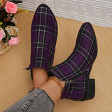 Purpdrank Women's Plaid Ankle Boots, Christmas Style Chunky Low Heeled Boots, Side Zipper Short Boots