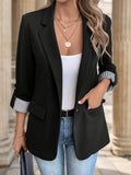 Purpdrank Elegant Black Blazer - Single-Breasted, Long Sleeve, Lapel Collar, White Stripe Detail, Roll-Up Option, Machine Washable - Perfect for Work & Date Night