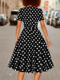 Polka Dot Print Square Neck Dress, Elegant Short Sleeve Belted Dress For Spring & Summer, Women's Clothing