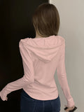 Solid Color Button Front Hoodie, Casual Long Sleeve Drawstring Simple Hooded Top For Spring & Fall, Women's Clothing