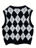 Argyle Print Crew Neck Sweater Vest, Casual Sleeveless Knit Vest For Spring & Fall, Women's Clothing