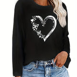 Purpdrank Vibrant Heart & Butterfly Print Crew Neck T-Shirt - Relaxed Casual Long Sleeve Design for Women - Perfect for Spring & Fall Seasons