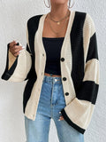 Purpdrank Flared Sleeves Long Sleeves Buttoned Contrast Color Striped V-Neck Cardigan Tops