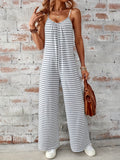 Striped Print Scoop Neck Jumpsuit, Casual Backless Ruched Spaghetti Strap Wide Leg Cami Jumpsuit, Women's Clothing