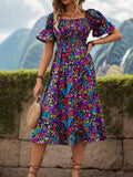 Floral Print Shirred Dress, Vacation Style Puff Sleeve Square Neck Dress For Spring & Summer, Women's Clothing