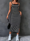 Vibrant Striped Print Cami Dress - Women's Casual Sleeveless Summer Dresses with Side Split and Relaxed Fit - Perfect for Outdoor Activities and Beach Trips