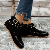 Women's Tassel Decor Short Boots, Fashion Metal Beads Decor Ankle Boots, Stylish Side Zipper Boots