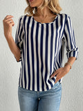 Half Sleeve Stripe Print Crew Neck Blouse for Spring & Fall, Casual Women's Clothing