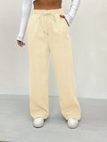 Solid Drawstring Pants, Casual Wide Leg Elastic Waist Pants, Women's Clothing