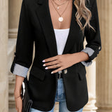 Purpdrank Elegant Black Blazer - Single-Breasted, Long Sleeve, Lapel Collar, White Stripe Detail, Roll-Up Option, Machine Washable - Perfect for Work & Date Night