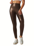 PU Leather Cropped Yoga Pants, High Waist Slight Stretch Slimming Yoga Leggings, Women's Activewear