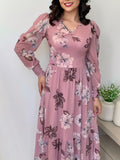 Chic Floral Print V-Neck Dress For Women - Casual Long Sleeve With Ruffle Hem, Perfect For Spring & Fall