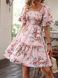 Shirred Floral Print Ruffle Hem Dress, Elegant Square Neck Short Sleeve Dress For Spring & Summer, Women's Clothing