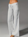 Versatile Spring-Fall Women's Wide-Leg Pants - Micro-Elastic, Solid Color, Easy-Care with Drawstring Waist