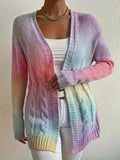 Purpdrank Plus Size Ombre Cable Knit Open Front Cardigan, Long Sleeve Drop Shoulder Vacation Style Knitted, Women's Clothing