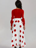 Vibrant Polka Dot V-Neck Long Sleeve Maxi Dress - Elegant High Tie Waist Flared Design, High Elasticity Polyester Fabric, Machine Washable, Random Printing, All-Season Wear, Knit Fabric, Womens Clothing for Adult