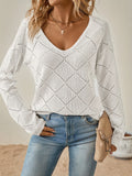 Solid Color V Neck Pullover Sweater, Casual Eyelet Long Sleeve Sweater For Spring & Fall, Women's Clothing