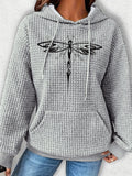 Dragonfly Print Waffle Hoodie, Drawstring Kangaroo Pocket Casual Hooded Sweatshirt For Fall & Winter, Women's Clothing