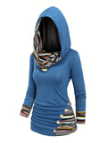 Trendy Ethnic Print Hoodie for Women - Stylish Button Accent, Comfortable Long Sleeve, Hooded Top - Perfect Fashionable Womens Casual Wear