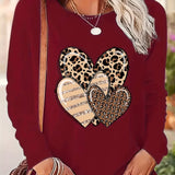 Purpdrank Women's Casual Leopard Heart Print Long Sleeve T-Shirt - Crew Neck, Polyester Blend, Machine Washable, Stylish Top for Spring & Fall, Leopard Print Blouse