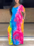 Plus Size Elegant Maxi Dress - Tie Dye Print, Short Sleeve, Pocket, Medium Stretch, Comfortable, Flowy, Long Dress for Women