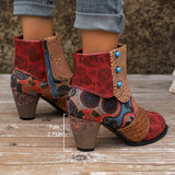 Purpdrank Women's Floral Pattern Boots, Side Zipper Casual Chunky Heel Ankle Boots, Versatile Round Toe Boots