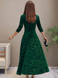 Floral Pattern Square Neck Velvet Dress, Elegant Long Sleeve Aline Swing Dress For Spring & Fall, Women's Clothing