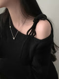 Elegant Y2K Style Off-the-Shoulder Sweater with Drawstring Shoulder Straps, Long Sleeve, H-Fit, Knitted Polyester, Casual Solid Color Pullover Sweater for Women - Spring/Fall Collection