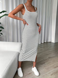 Chic Striped Square Neckline Midi Tank Dress - Elegant Sleeveless Split Dress for Women - Perfect for Spring and Summer, Comfortable and Versatile Clothing for Daily Wear