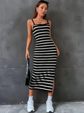 Vibrant Striped Print Cami Dress - Women's Casual Sleeveless Summer Dresses with Side Split and Relaxed Fit - Perfect for Outdoor Activities and Beach Trips