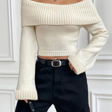 Purpdrank Elegant Off-Shoulder Crop Sweater - Solid Ribbed Knit for Spring to Fall | Versatile & Chic