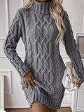 Cozy Long Sleeve Cable Knit Sweater Dress - High Neck, Drop Shoulder, Ribbed Midi with Solid Pattern, Loose Fit for All Seasons