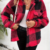 Purpdrank Cozy Plaid Faux Fur Fuzzy Coat - Stylish Button Front Long Sleeve Warm Outerwear - Designed for Womens Fall & Winter Fashion