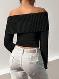 Purpdrank Elegant Off-Shoulder Crop Sweater - Solid Ribbed Knit for Spring to Fall | Versatile & Chic