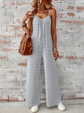 Striped Print Scoop Neck Jumpsuit, Casual Backless Ruched Spaghetti Strap Wide Leg Cami Jumpsuit, Women's Clothing