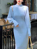 Purpdrank Long Sleeves Solid Color Mock Neck Cardigan Top + High Waisted Sweater Dress Two Pieces Set