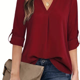 Purpdrank Chic Solid V-Neck Blouse - Fashionable simplicity for Women - Relaxed Casual Long Sleeve Style