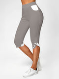 Cropped Solid Button Contrast Bodycon Pants, Elastic Waist Yoga Workout Casual Women's Clothing