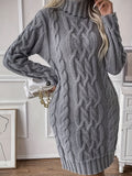 Cozy Long Sleeve Cable Knit Sweater Dress - High Neck, Drop Shoulder, Ribbed Midi with Solid Pattern, Loose Fit for All Seasons