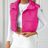 Purpdrank Zip Up Cropped Vest Coat, Casual Solid Sleeveless Stand Collar Outerwear, Women's Clothing