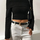 Purpdrank Elegant Off-Shoulder Crop Sweater - Solid Ribbed Knit for Spring to Fall | Versatile & Chic