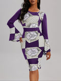 Elegant Women's Geo Print Color Block Bodycon Dress with Crew Neck and Flared Long Sleeves