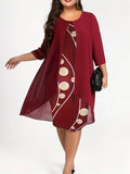 Elegant Women's 3/4 Sleeve Crew Neck Abstract Print Layered Dress for Daily Wear