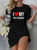 Purpdrank Casual Short-Sleeve Crew Neck Polyester Blend Knit T-Shirt - "I Love My Hot Husband" Slogan Print Nightgown for Women - All-Season Sleepshirt