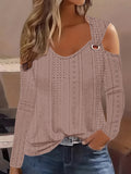 Purpdrank Eyelet Cold Shoulder T-Shirt - Fashionable Long Sleeve Top for Spring & Fall - Stylish Womens Casual Wear with Delicate Detailing - Ideal for Everyday Style