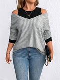 Purpdrank Plus Size Knit Sweater - Cozy Off-the-Shoulder Design, Long Sleeve, V-Neck, Striped Pattern, Soft and Breathable Fabric, Perfect for Spring or Fall Casual Wear, Everyday Comfort, and Chic Style